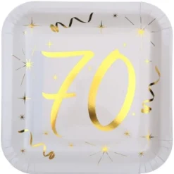 10 Assiettes en Carton Anniversaire - Blanc et Or - 70 ans