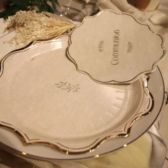 8 assiettes en carton - Diamètre 23 cm - Collection Communion Effet Lin et Or