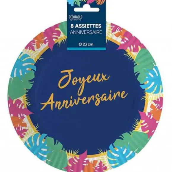 8 assiettes en carton "Joyeux Anniversaire" - Diamètre 23 cm - Collection Tropical