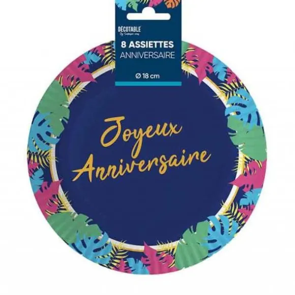 8 assiettes en carton "Joyeux Anniversaire" - Diamètre 18 cm - Collection Tropical