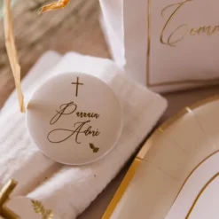 2 Badges Marraine et Parrain - Collection Communion Pureté Blanc et Or