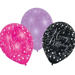 6 Ballons de Baudruche "Happy Birthday" - Violet / Noir / Rose