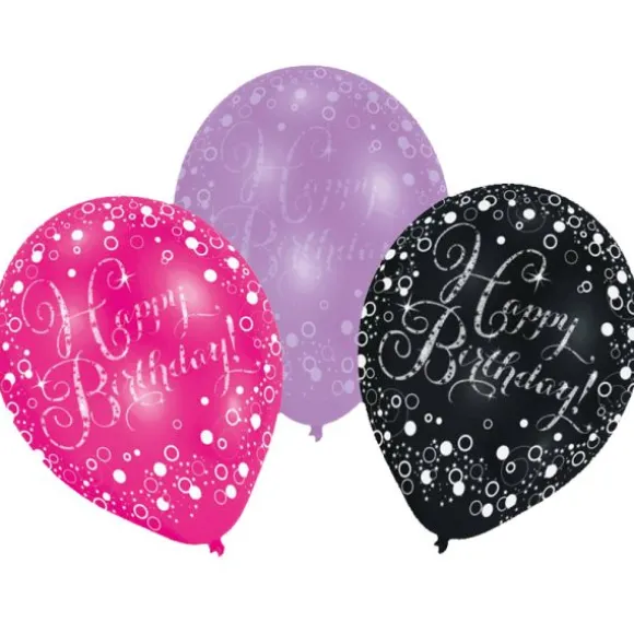 6 Ballons de Baudruche "Happy Birthday" - Violet / Noir / Rose