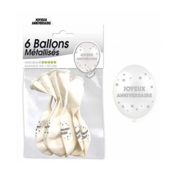 6 Ballons de Baudruche Métallisés "Joyeux Anniversaire" - Blanc