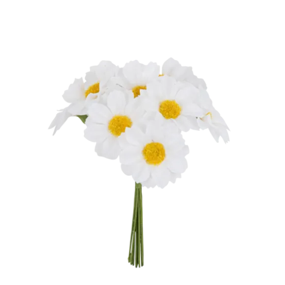 Bouquet de 10 marguerites blanches sur tige en tissu - 3,5 x 11 cm