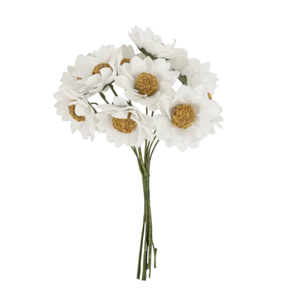 Bouquet de 10 marguerites blanches sur tige en papier - 4 x 10 cm