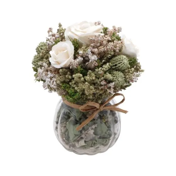 Bouquet Margot fleurs séchées et roses blanches dans un pot en verre