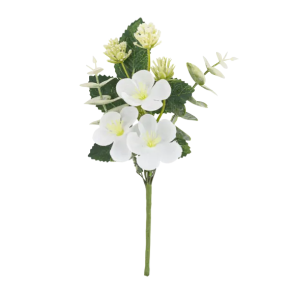 Branche de fleurs blanches et feuillage vert - 15 cm