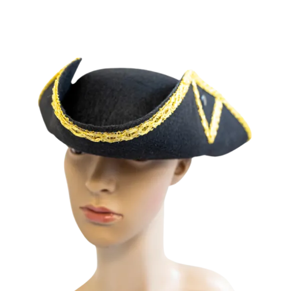 Chapeau de pirate en forme de tricorne noir avec galon doré