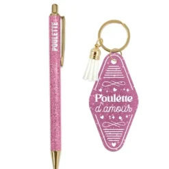 Coffret Duo à paillettes humoristique - Stylo et porte-clés motel - Collection Girls Club - Modèle au choix
