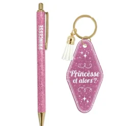 Coffret Duo à paillettes humoristique - Stylo et porte-clés motel - Collection Girls Club - Modèle au choix
