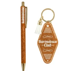 Coffret Duo à paillettes humoristique - Stylo et porte-clés motel - Collection Girls Club - Modèle au choix