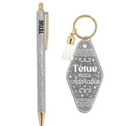 Coffret Duo à paillettes humoristique - Stylo et porte-clés motel - Collection Girls Club - Modèle au choix