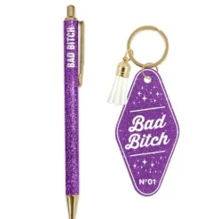 Coffret Duo à paillettes humoristique - Stylo et porte-clés motel - Collection Girls Club - Modèle au choix
