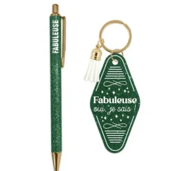 Coffret Duo à paillettes humoristique - Stylo et porte-clés motel - Collection Girls Club - Modèle au choix