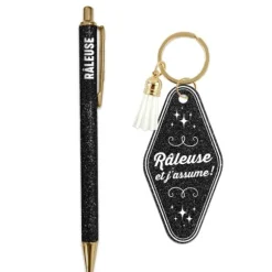 Coffret Duo à paillettes humoristique - Stylo et porte-clés motel - Collection Girls Club - Modèle au choix