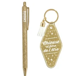Coffret Duo à paillettes humoristique - Stylo et porte-clés motel - Collection Girls Club - Modèle au choix