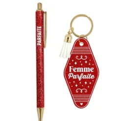 Coffret Duo à paillettes humoristique - Stylo et porte-clés motel - Collection Girls Club - Modèle au choix