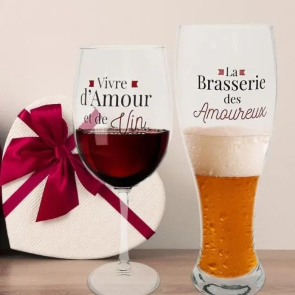 Coffret Duo - Verre à vin et verre à bière - Saint-Valentin - Collection Chéri Chérie