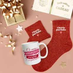 Coffret Mug à paillettes et Chaussettes à paillettes pour femme - Saint-Valentin - Collection Chéri Chérie