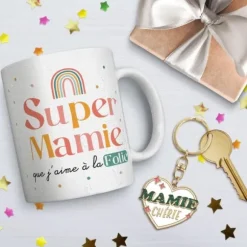 Coffret Mug à paillettes "Super Mamie que j'aime à la folie" et Porte-clés à paillettes "Mamie Chérie"