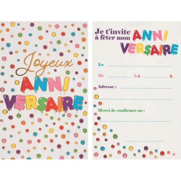 6 Invitations - Anniversaire Ballons Multicolores