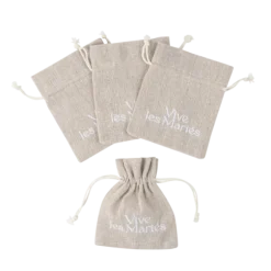 4 pochons "Vive les Mariés" en tissu avec effet lin - 9,5 x 11,5 cm