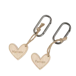 2 porte-clés en bois "Parrain / Marraine" avec mousquetons - 4 x 12 cm