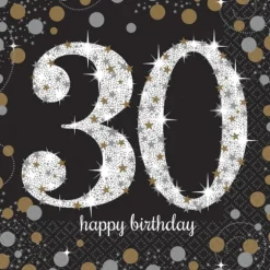 16 Serviettes 30 Ans - Argent / Noir