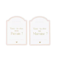 2 stickers bouteille "Veux-tu être mon parrain / ma marraine" - 8 x 11 cm - Collection Baptême Blanc et Or - Couleur au choix