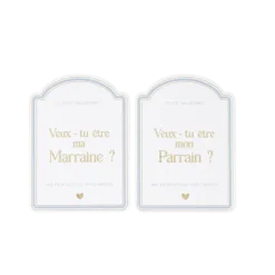 2 stickers bouteille "Veux-tu être mon parrain / ma marraine" - 8 x 11 cm - Collection Baptême Blanc et Or - Couleur au choix
