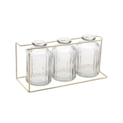 3 Vases en verre transparents sur support métal or